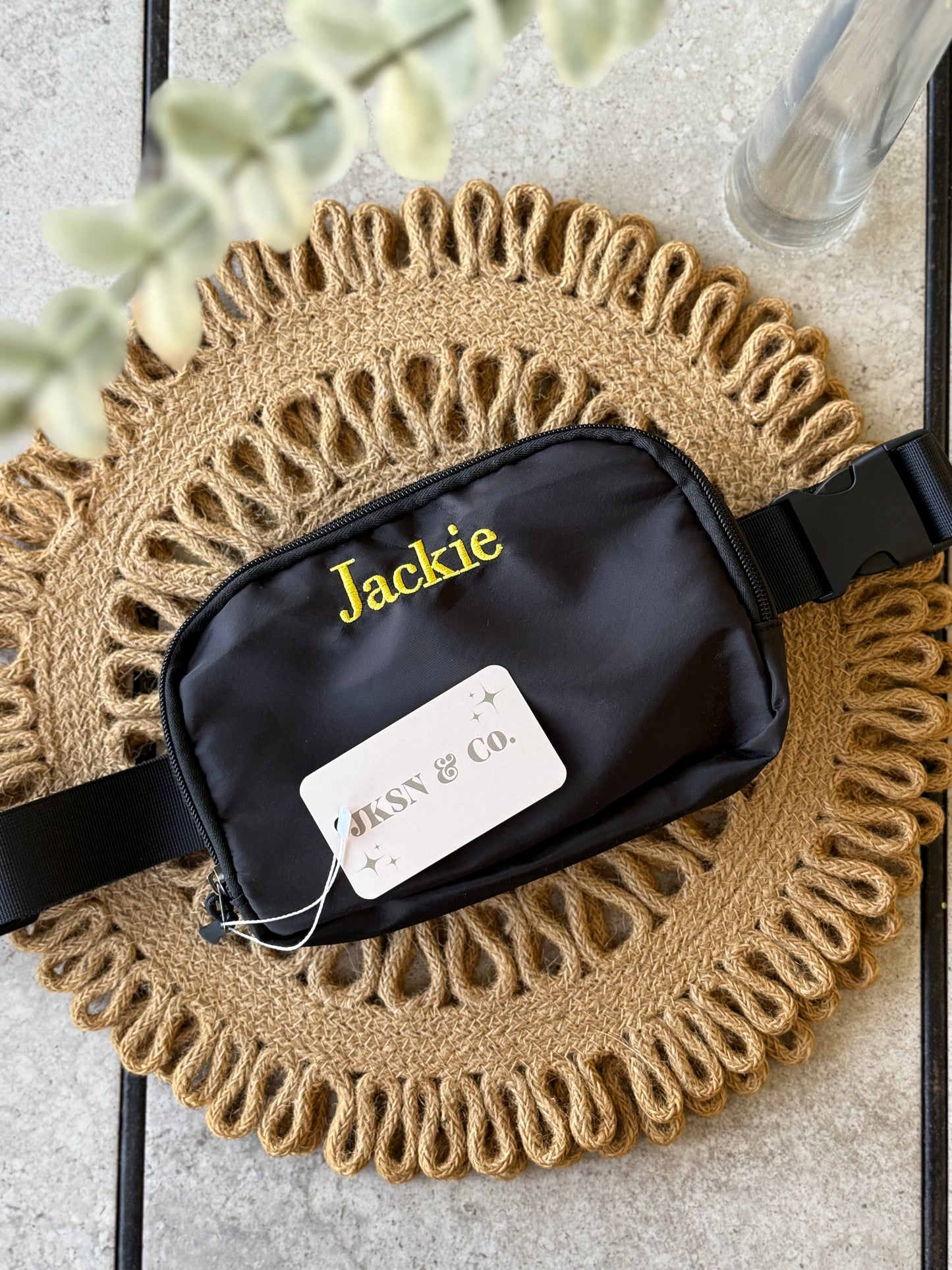 The Khloe | Black Embroidered Belt Bag — Customizable Belt Bag