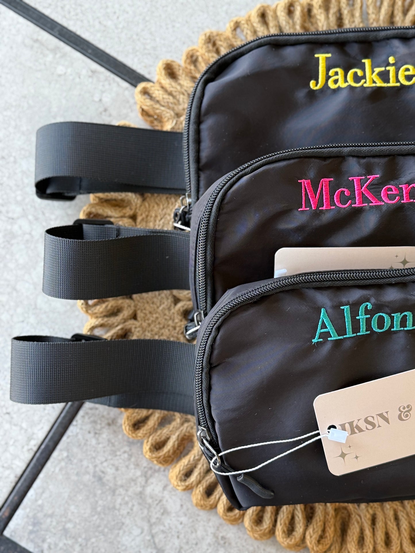 The Khloe | Black Embroidered Belt Bag — Customizable Belt Bag