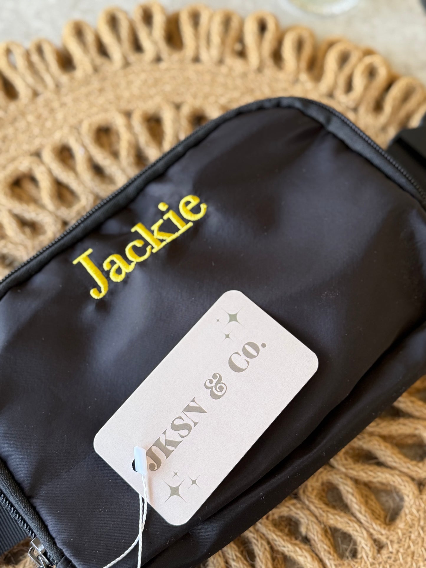 The Khloe | Black Embroidered Belt Bag — Customizable Belt Bag
