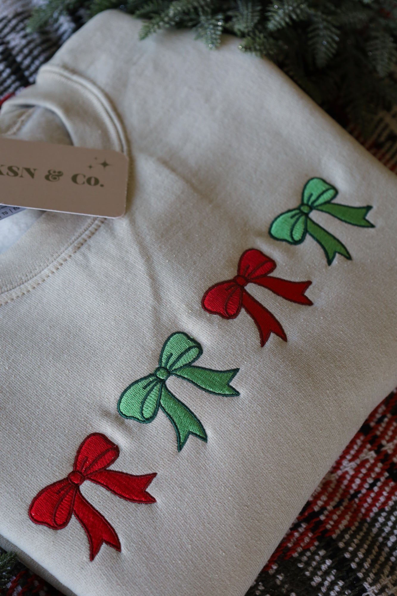Red and Green Embroidered Bows Christmas Crewneck-- Christmas Sweatshirt