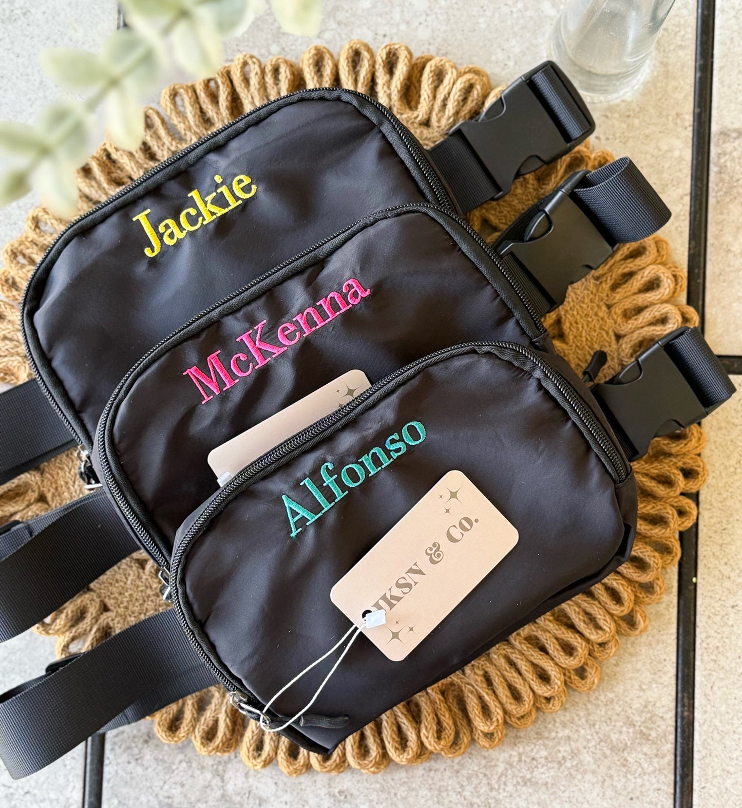 The Khloe | Black Embroidered Belt Bag — Customizable Belt Bag