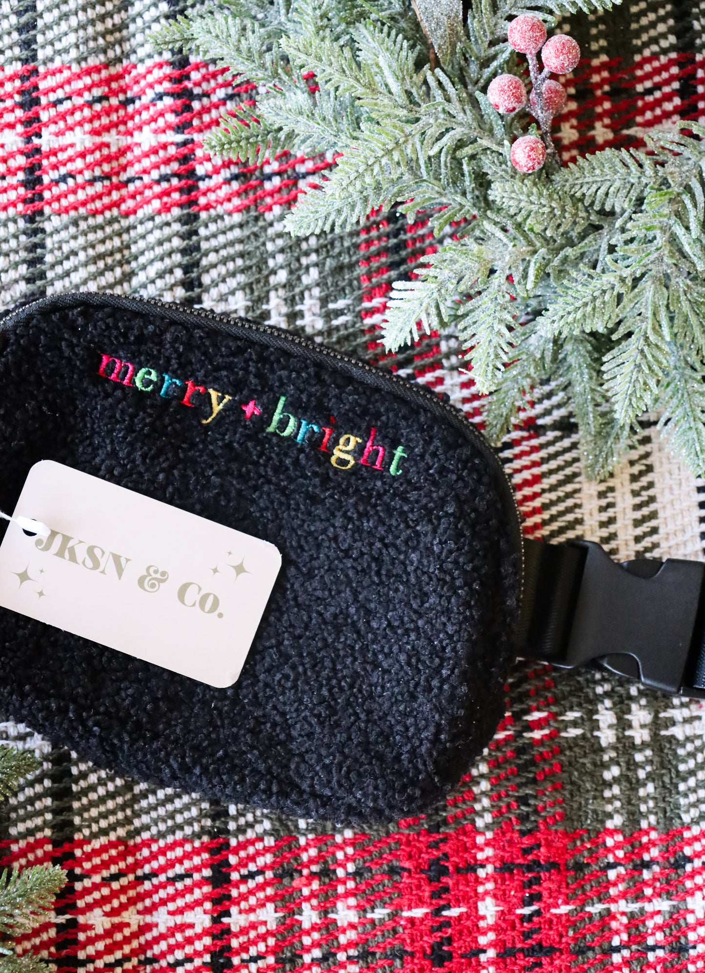 Merry + Bright Embroidered Sherpa Belt Bag -- Christmas Crossbody Bag— READY TO SHIP