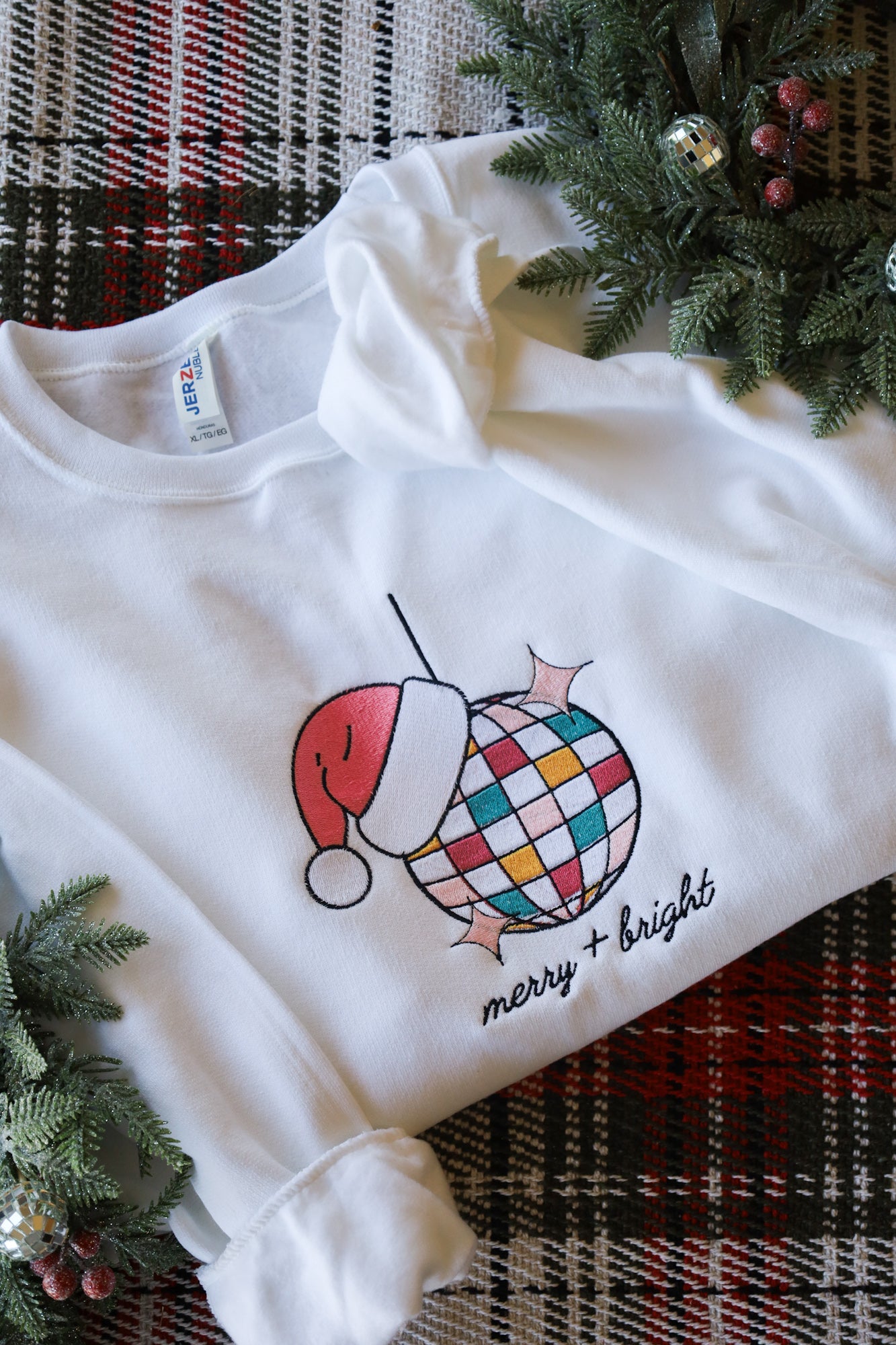 Merry + Bright Disco Embroidered Sweatshirt | Christmas Sweatshirt