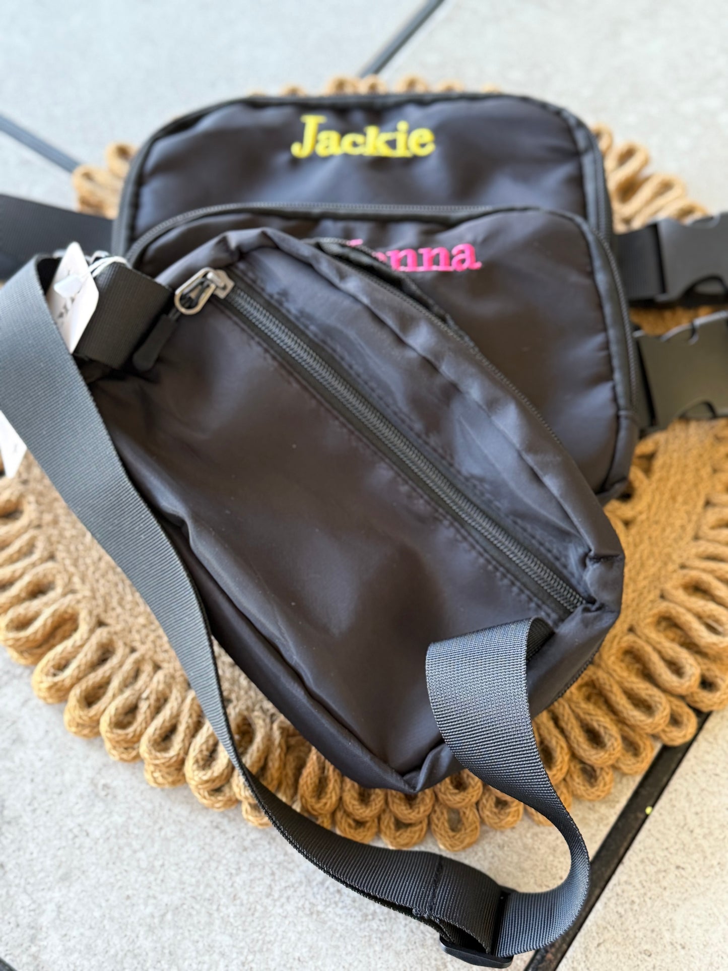 The Khloe | Black Embroidered Belt Bag — Customizable Belt Bag