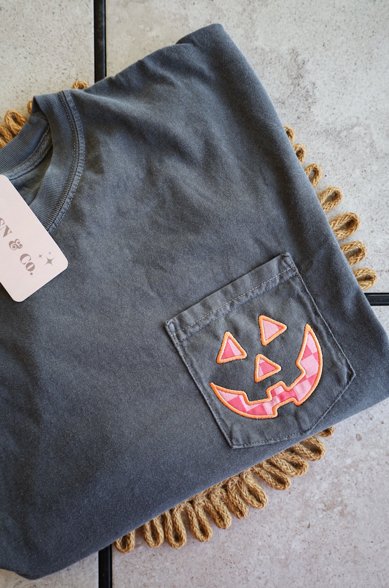 Pink Checkered Jack-O-Lantern Appliqué Comfort Colors Pocket Tee, Halloween Tee