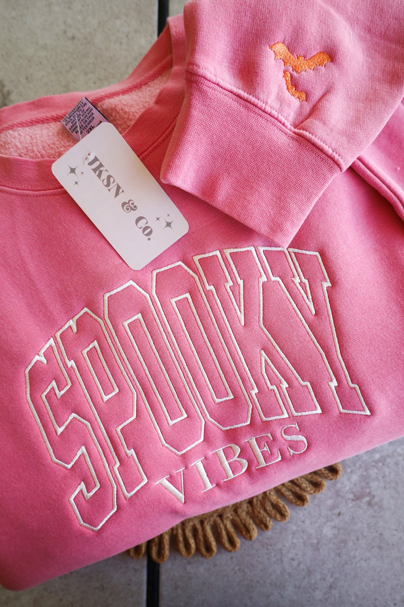 Spooky Vibes Embroidered Sweatshirt w/ Bat Sleeve, Halloween Sweatshirt