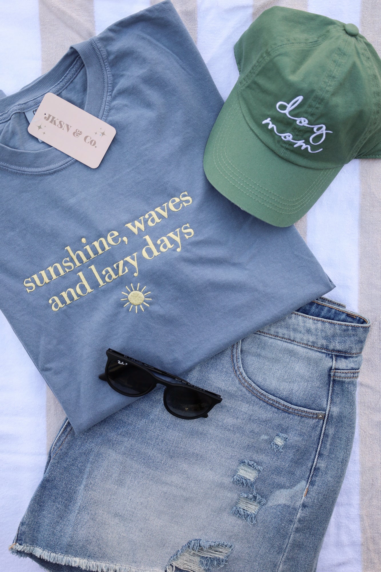 Embroidered Sunshine, Waves & Lazy Days Comfort Colors Tee -- Beach or Poolside Tee