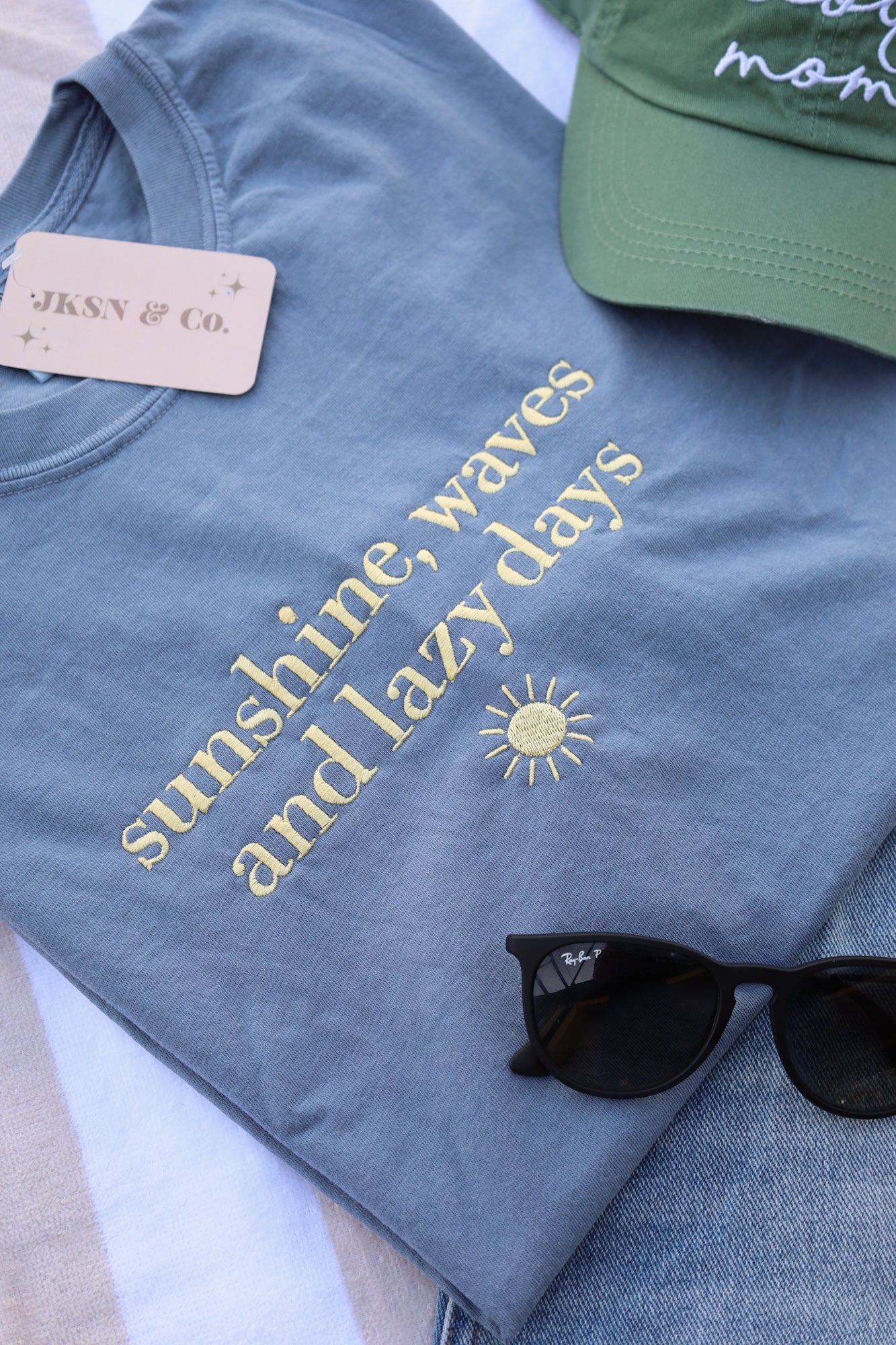Embroidered Sunshine, Waves & Lazy Days Comfort Colors Tee -- Beach or Poolside Tee