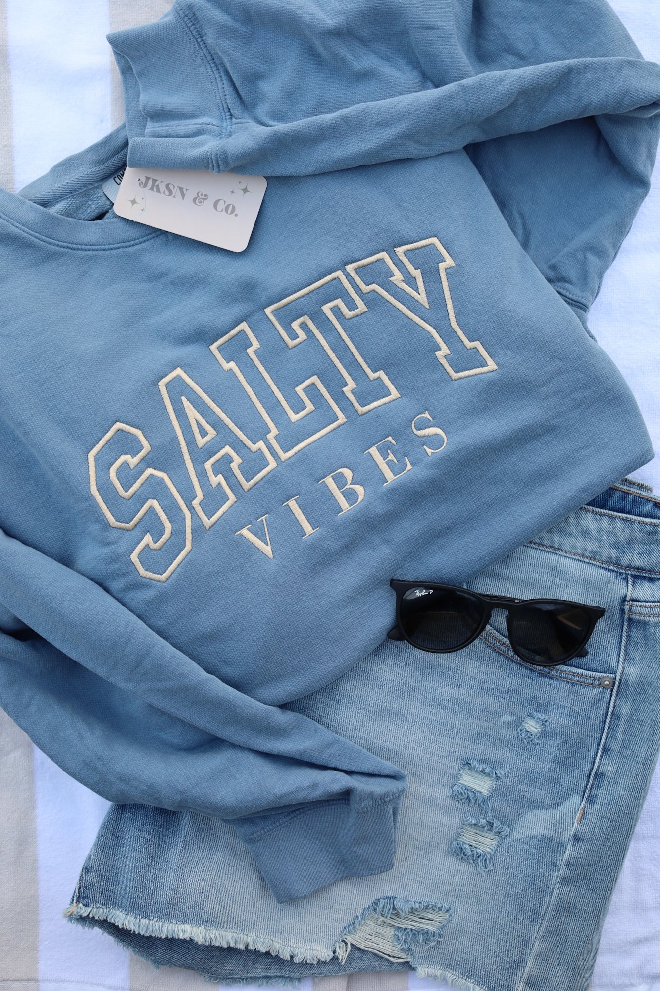 Embroidered "Salty Vibes" Comfort Colors Lightweight Crewneck -- Beach Sweatshirt
