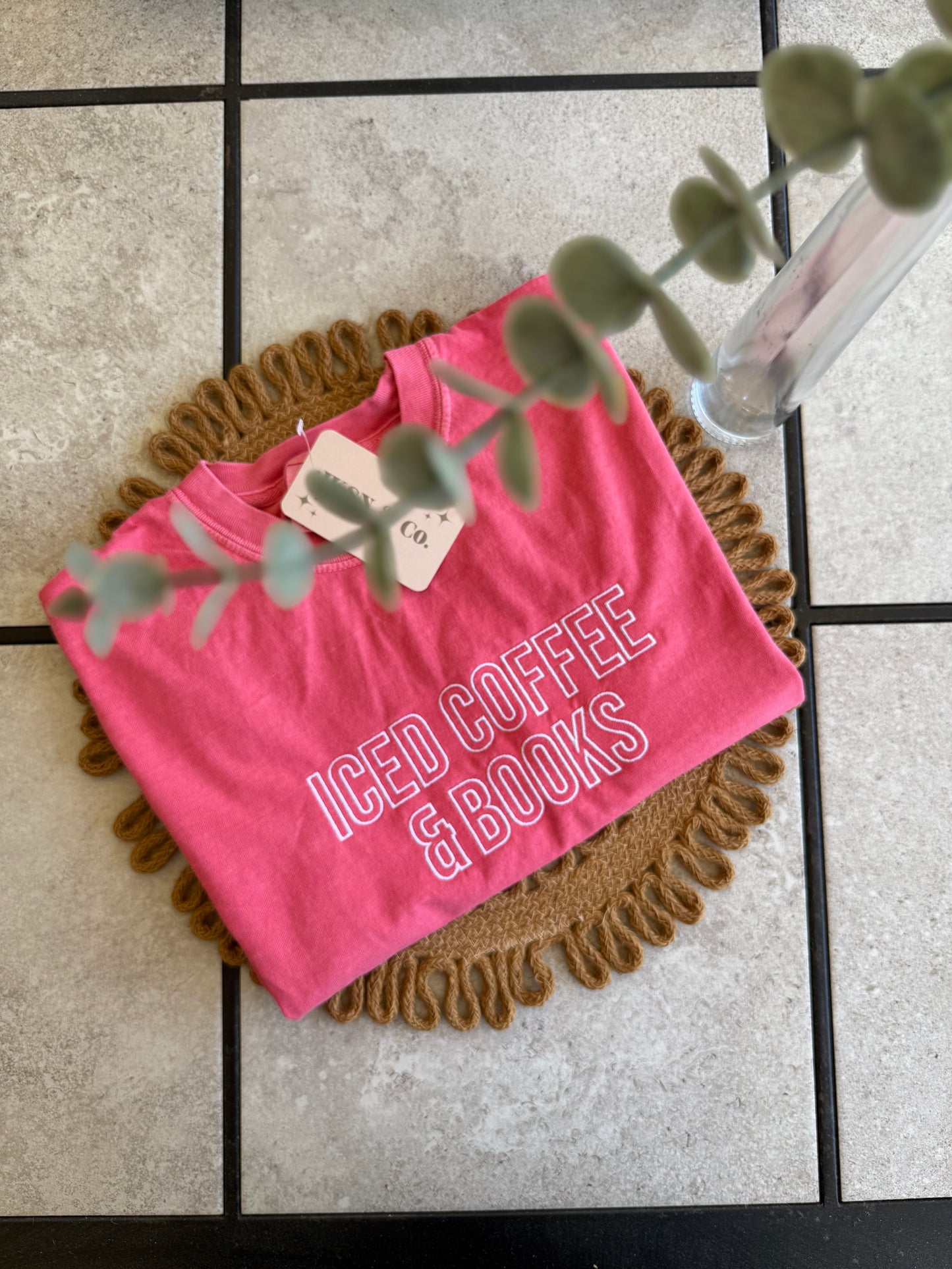 Iced Coffee and Books Embroidered Tee — Comfort Colors Embroidered Tee, Bookish Tee, Iced Coffee, Short Sleeve Tee, Long Sleeve Tee