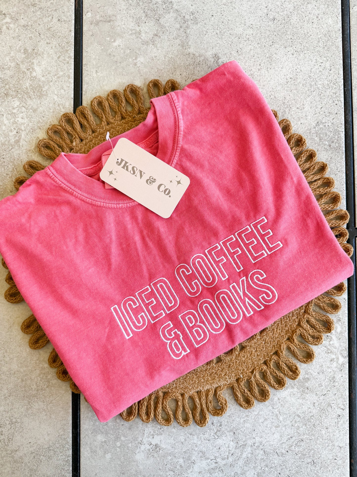 Iced Coffee and Books Embroidered Tee — Comfort Colors Embroidered Tee, Bookish Tee, Iced Coffee, Short Sleeve Tee, Long Sleeve Tee