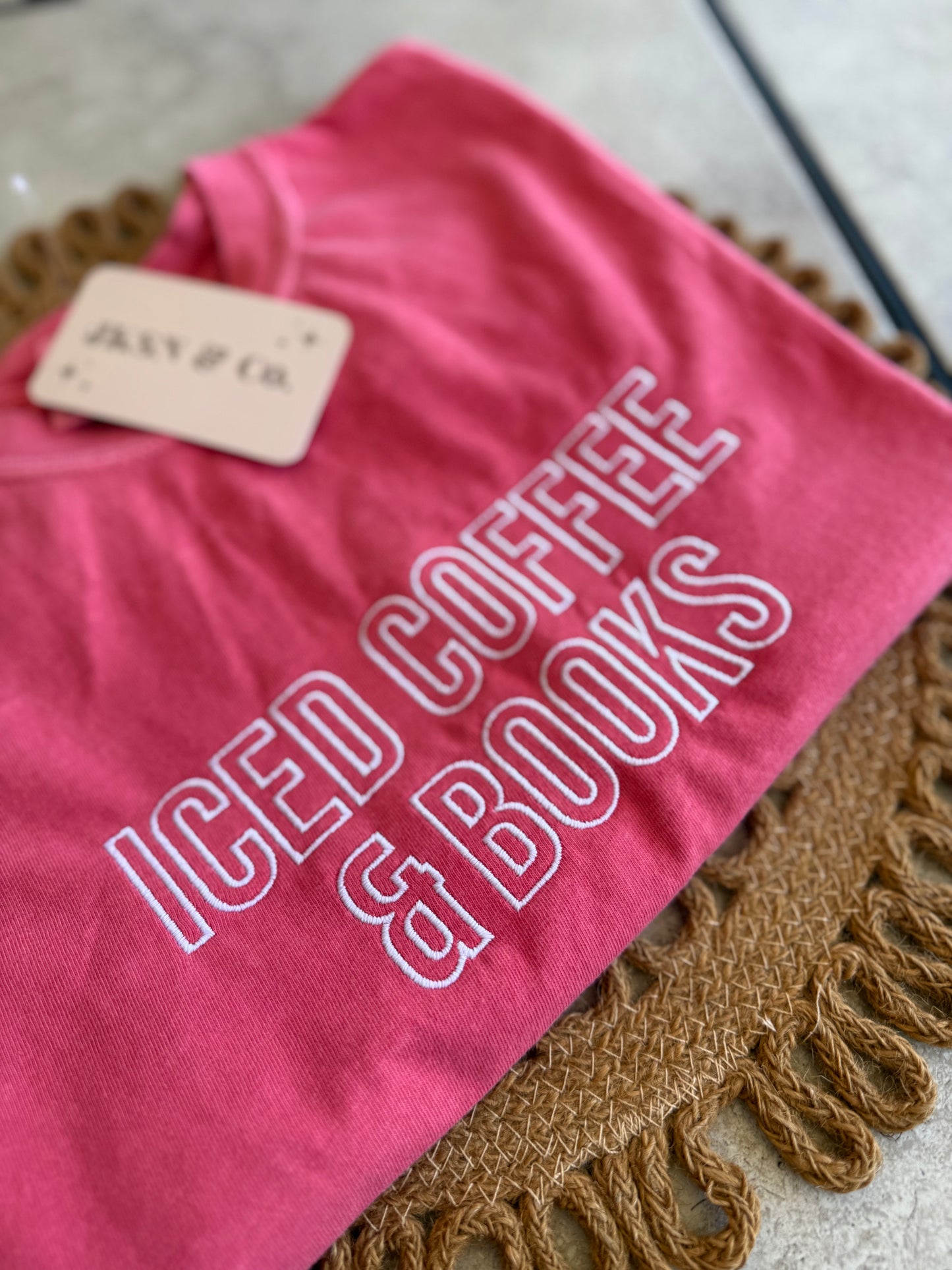 Iced Coffee and Books Embroidered Tee — Comfort Colors Embroidered Tee, Bookish Tee, Iced Coffee, Short Sleeve Tee, Long Sleeve Tee
