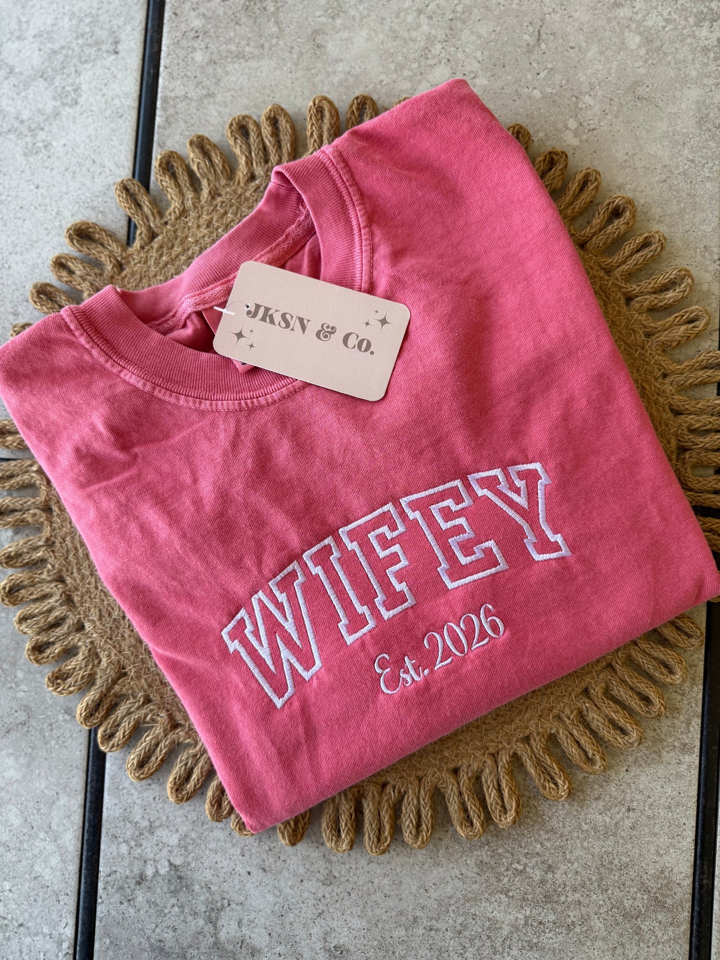 Customizable Wifey Embroidered Comfort Colors Tee --Mrs. Tee, Gift for Bride