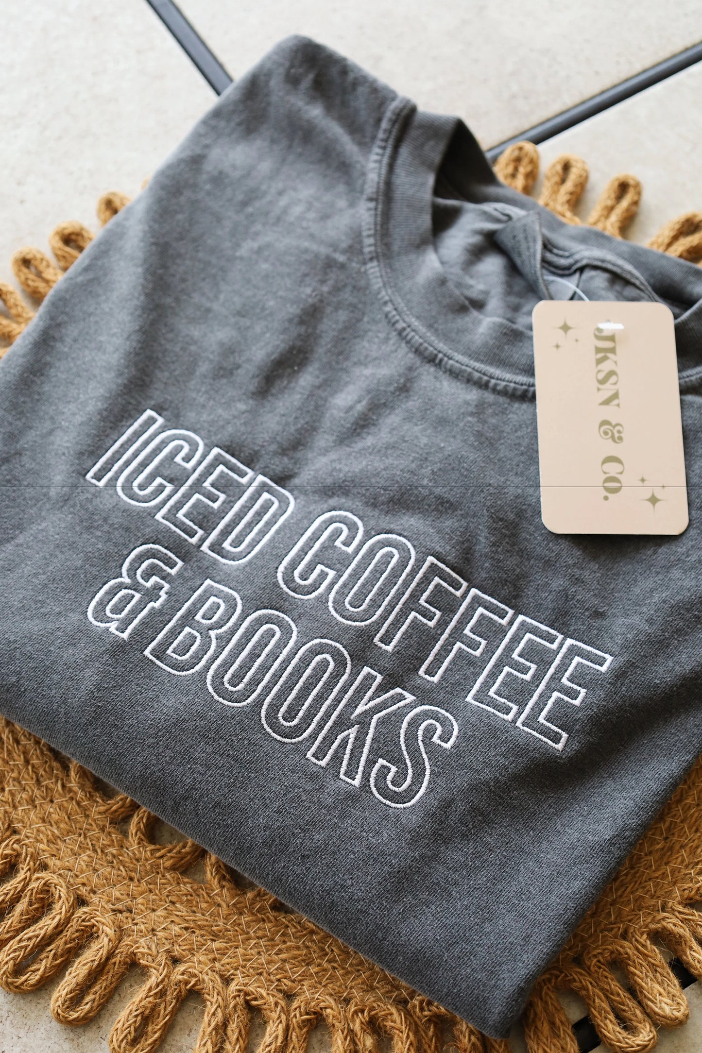 Iced Coffee and Books Embroidered Tee — Comfort Colors Embroidered Tee, Bookish Tee, Iced Coffee, Short Sleeve Tee, Long Sleeve Tee