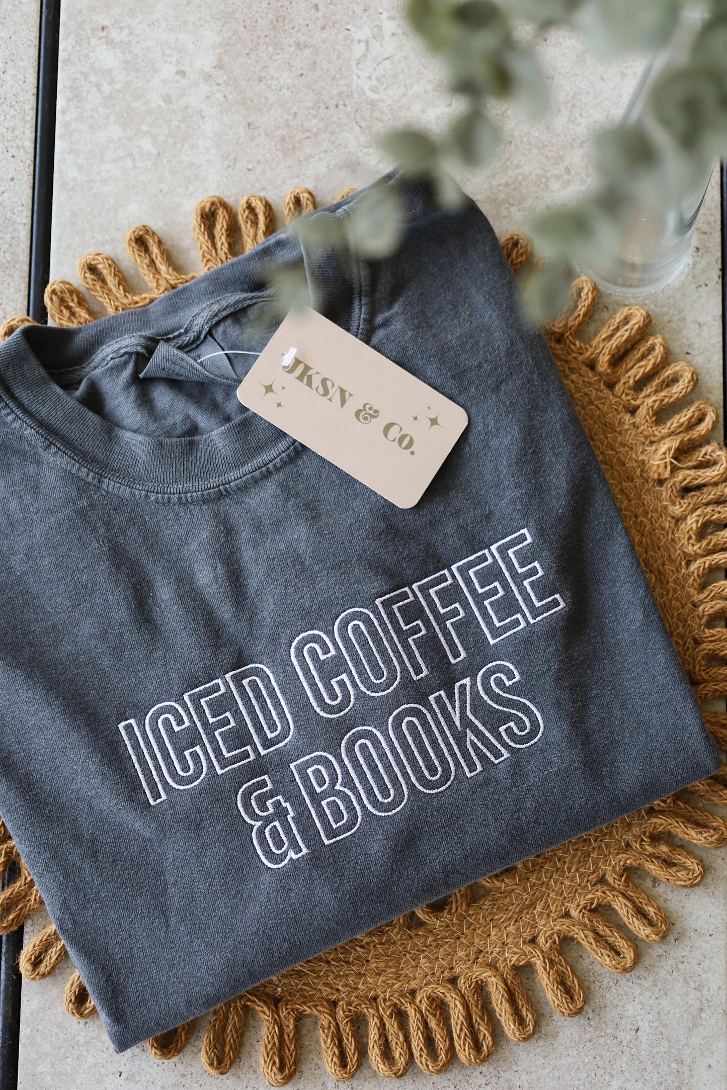 Iced Coffee and Books Embroidered Tee — Comfort Colors Embroidered Tee, Bookish Tee, Iced Coffee, Short Sleeve Tee, Long Sleeve Tee