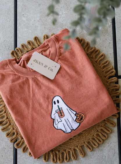 Iced Coffee Ghost Embroidered Tee -- Comfort Colors Tee, Short Sleeve Tee, Spooky SZN, Coffee Lover, Halloween Tee, Spooky