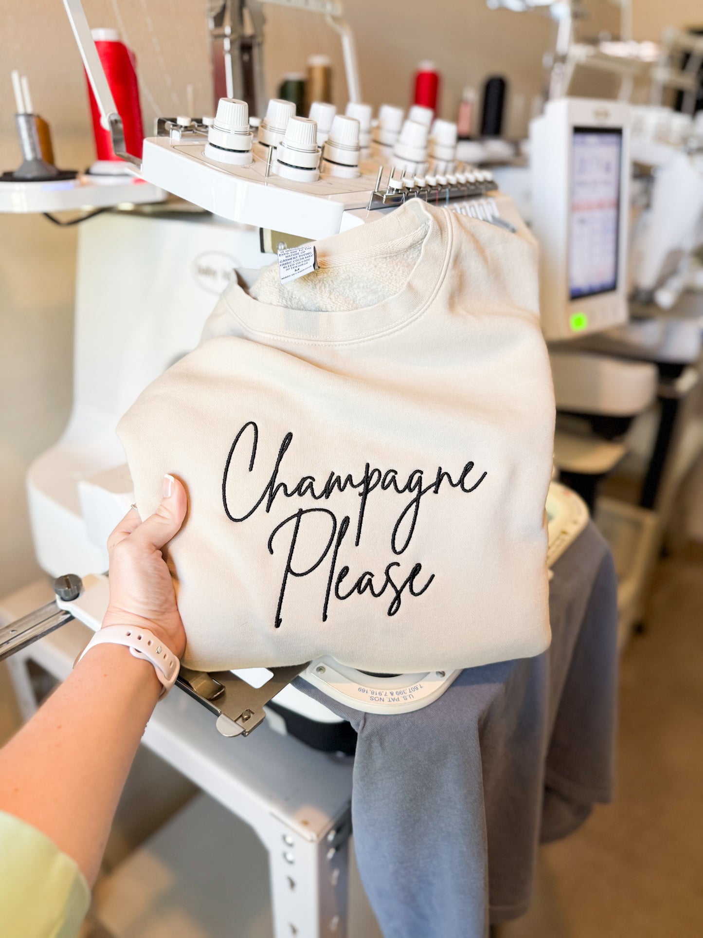 Embroidered Champagne Please Crewneck