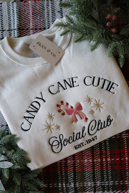 Candy Cane Cutie Social Club Embroidered Crewneck -- Christmas Embroidered Sweatshirt