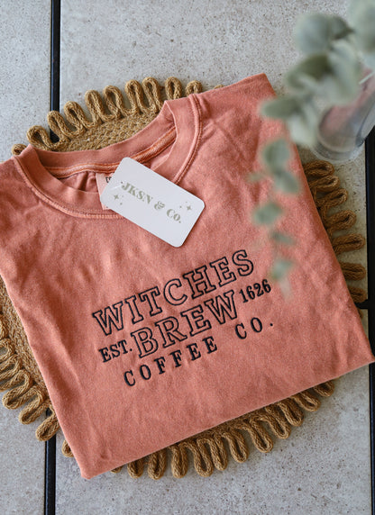 Witches Brew Coffee Co. Embroidered Tee — Comfort Colors Tee, Short Sleeve Tee, Halloween Tee