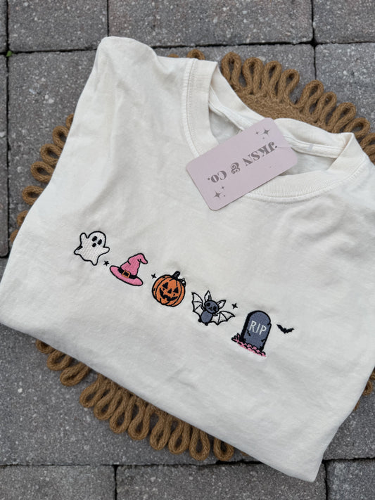 Halloween Mini Icons Embroidered Comfort Colors Tee — Customizable