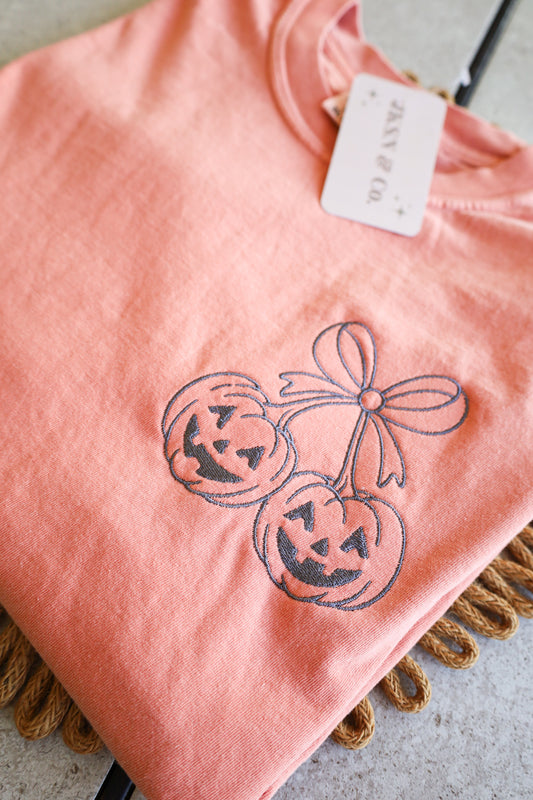 Pumpkin Cherries Embroidered Comfort Colors Tee, Halloween Tee