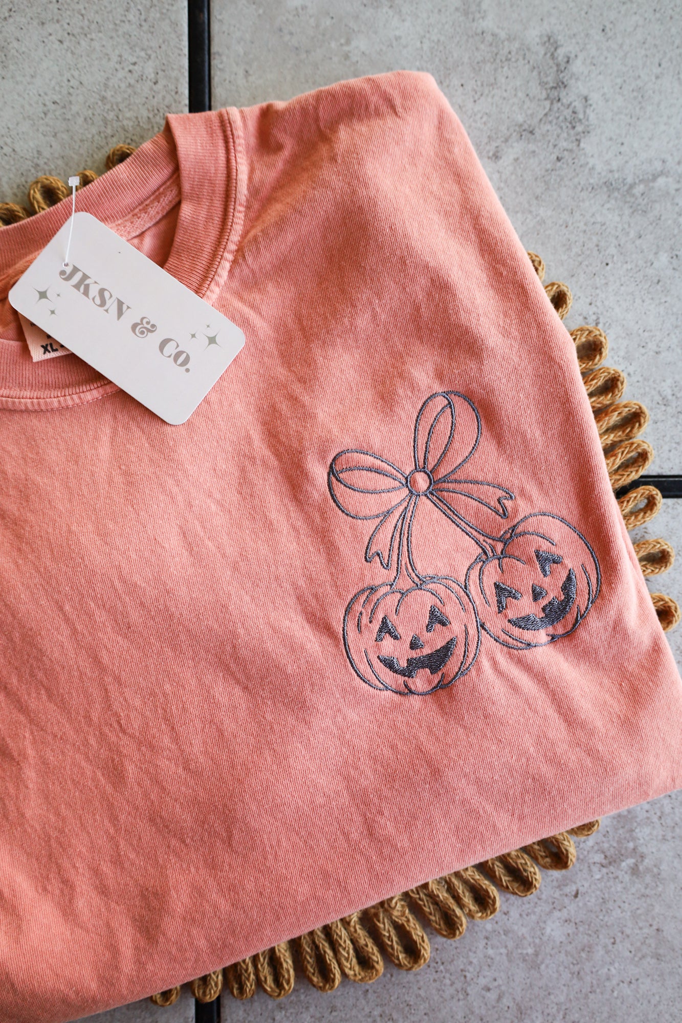 Pumpkin Cherries Embroidered Comfort Colors Tee, Halloween Tee