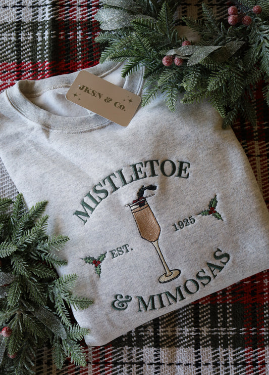 Mistletoe & Mimosas Embroidered Crewneck - -Christmas Crewneck