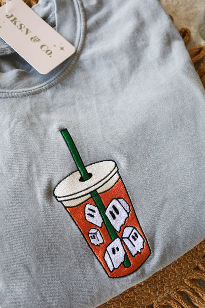 Embroidered Ghost Iced Coffee Crewneck— Comfort Colors, Halloween TShirt, Cute Ghost Tee, Fall Fashion, Spooky Cozy Autumn Wear, Ghost