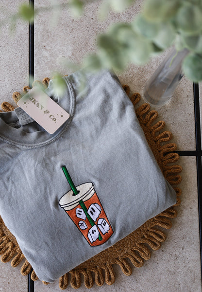 Embroidered Ghost Iced Coffee Crewneck— Comfort Colors, Halloween TShirt, Cute Ghost Tee, Fall Fashion, Spooky Cozy Autumn Wear, Ghost