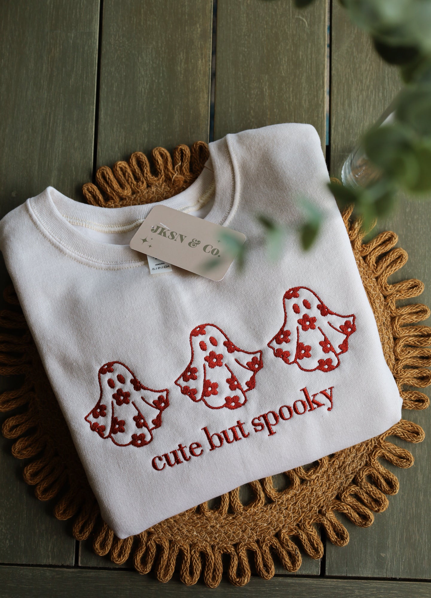 "Cute But Spooky" Floral Ghost Embroidered Sweatshirt