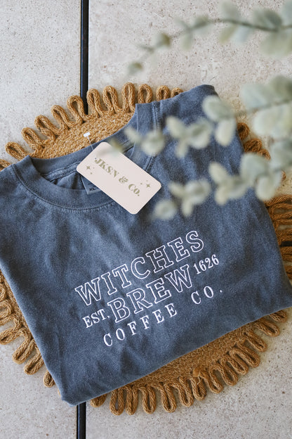 Witches Brew Coffee Co. Embroidered Tee — Comfort Colors Tee, Short Sleeve Tee, Halloween Tee