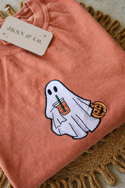 Iced Coffee Ghost Embroidered Tee -- Comfort Colors Tee, Short Sleeve Tee, Spooky SZN, Coffee Lover, Halloween Tee, Spooky