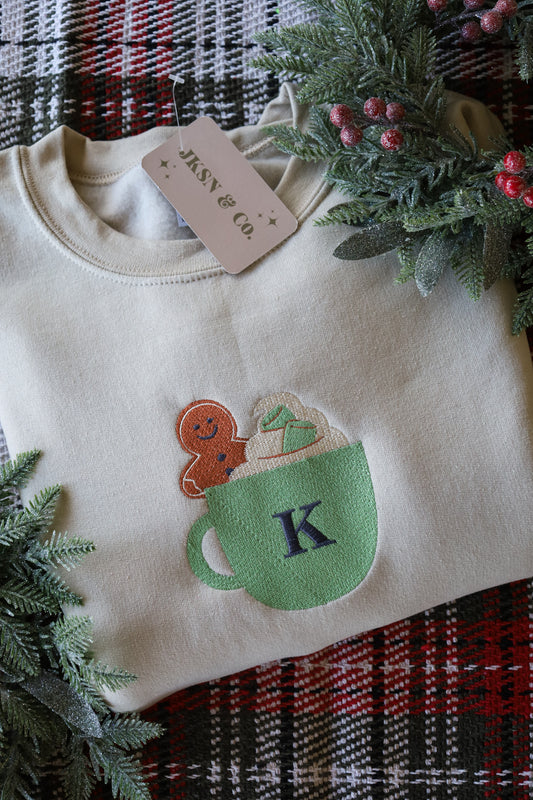 CUSTOMIZABLE Gingerbread Hot Cocoa Initial Embroidered Sweatshirt -- Christmas Sweatshirt