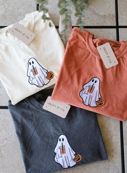 Iced Coffee Ghost Embroidered Tee -- Comfort Colors Tee, Short Sleeve Tee, Spooky SZN, Coffee Lover, Halloween Tee, Spooky