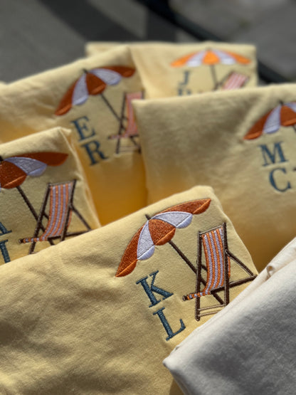 Customizable Embroidered Beach Chair Monogram Tee — Comfort Colors Tee, Short Sleeve Tee, Beach Bachelorette Tee, Beach Bride, Beach Tee