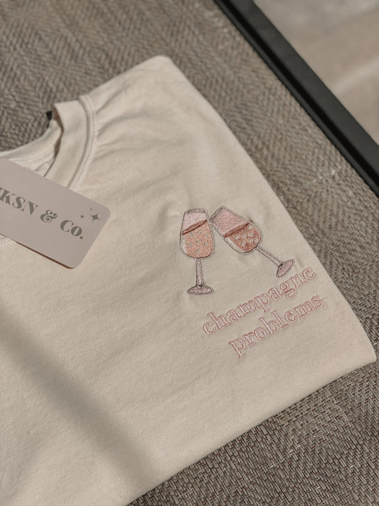 Champagne Problems Embroidered Tee -- Comfort Colors Tee, Short Sleeve Tee, Eras Inspired Tee