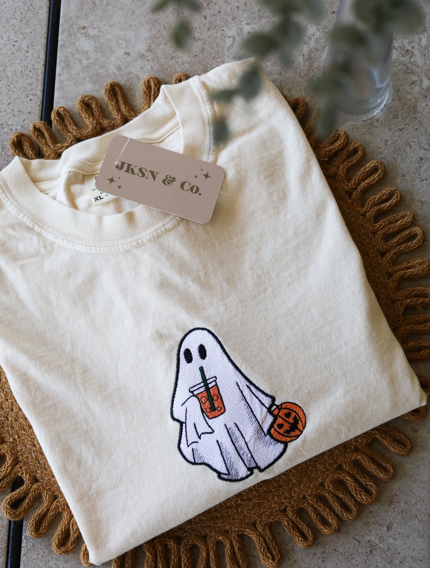 Iced Coffee Ghost Embroidered Tee -- Comfort Colors Tee, Short Sleeve Tee, Spooky SZN, Coffee Lover, Halloween Tee, Spooky