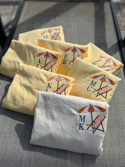 Customizable Embroidered Beach Chair Monogram Tee — Comfort Colors Tee, Short Sleeve Tee, Beach Bachelorette Tee, Beach Bride, Beach Tee