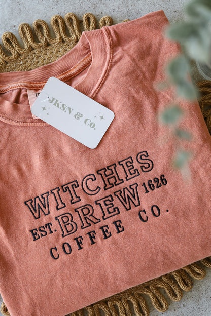 Witches Brew Coffee Co. Embroidered Tee — Comfort Colors Tee, Short Sleeve Tee, Halloween Tee