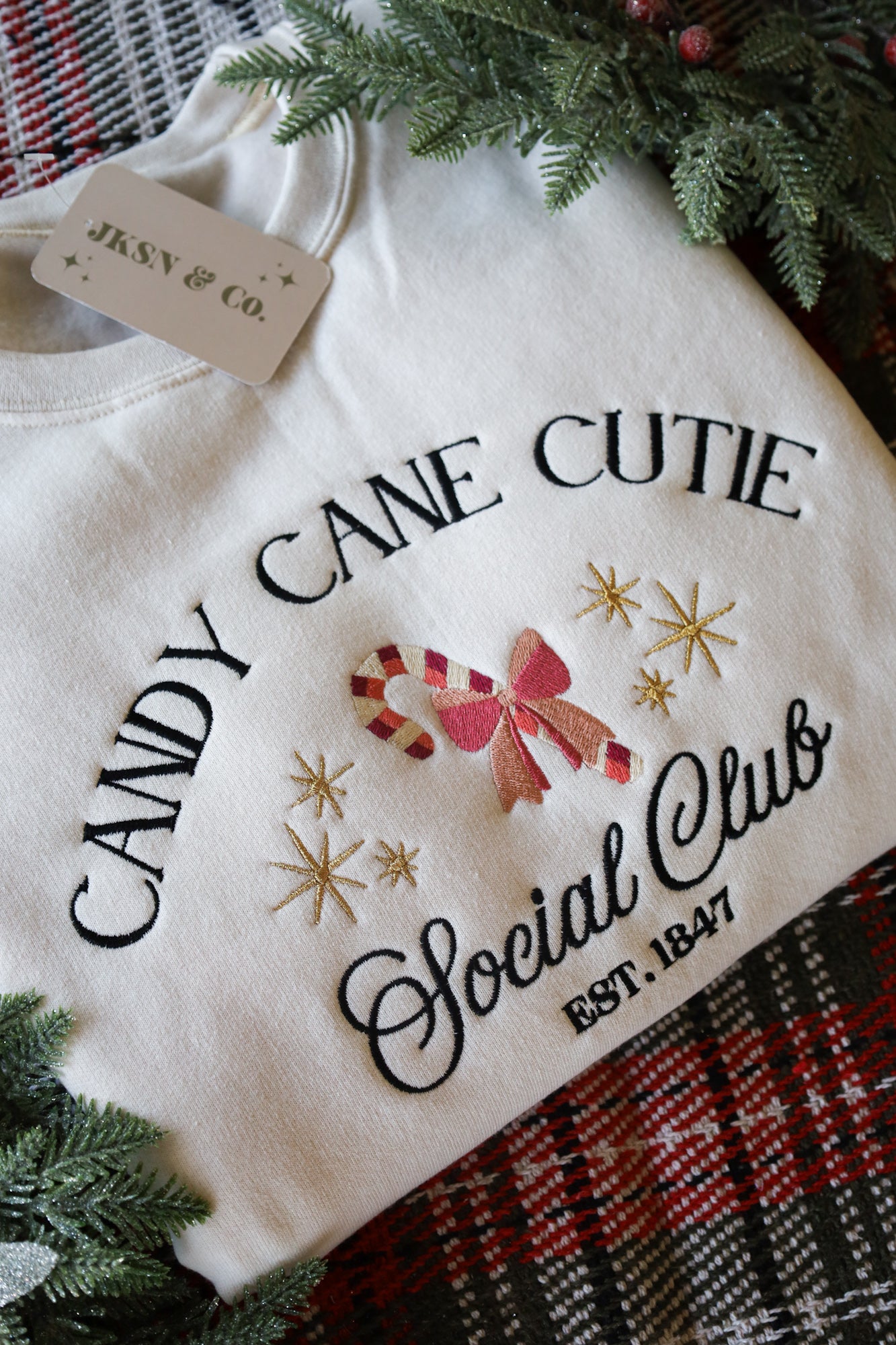 Candy Cane Cutie Social Club Embroidered Crewneck -- Christmas Embroidered Sweatshirt