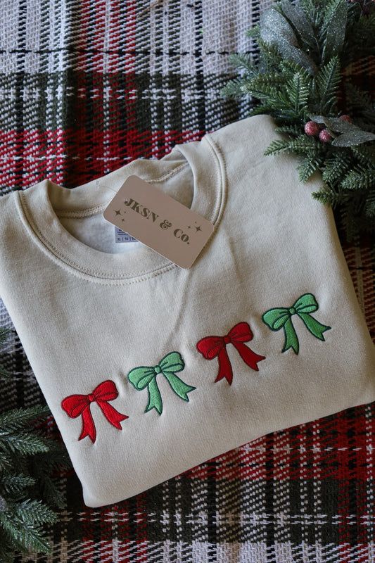 Red and Green Embroidered Bows Christmas Crewneck-- Christmas Sweatshirt