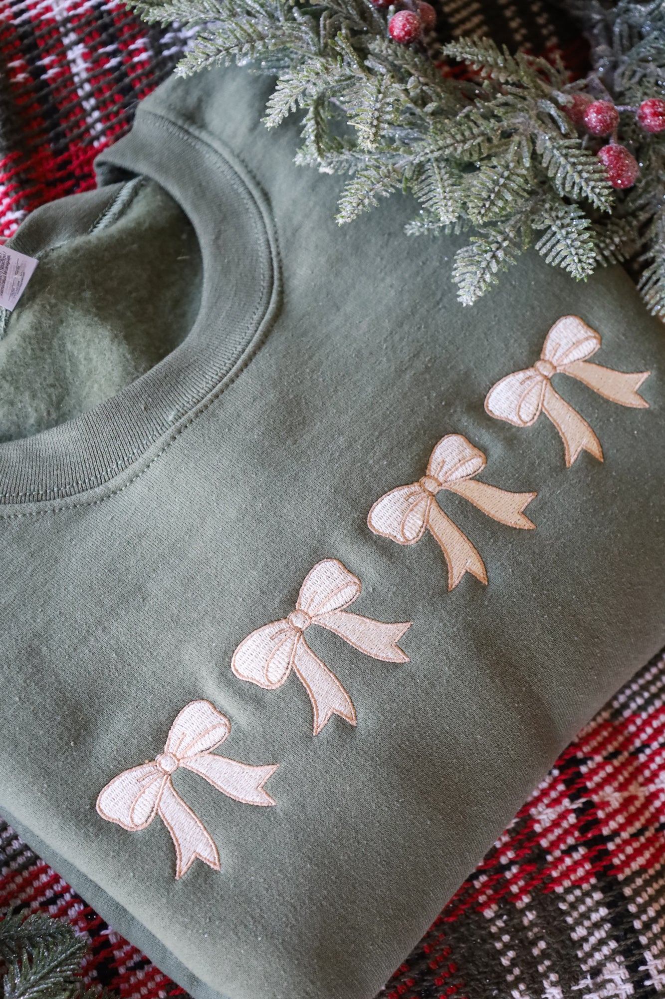 Beige Christmas Bows Embroidered Crewneck -- Christmas Sweatshirt