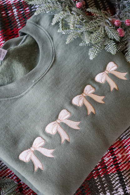 Beige Christmas Bows Embroidered Crewneck -- Christmas Sweatshirt