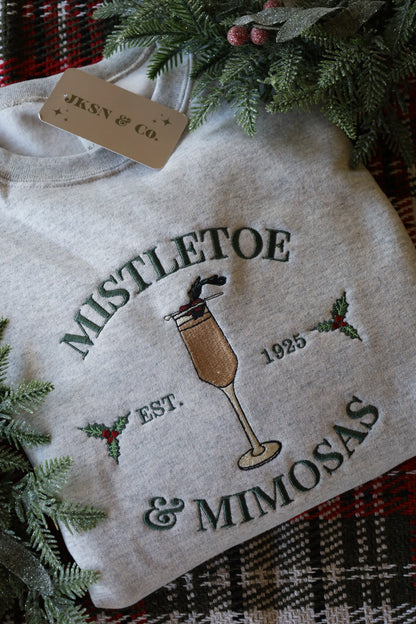 Mistletoe & Mimosas Embroidered Crewneck - -Christmas Crewneck