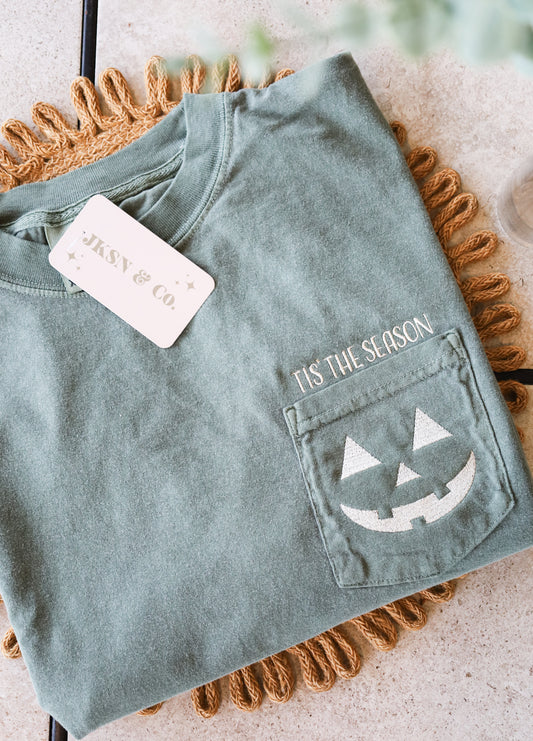 Jack-O-Lantern Embroidered Pocket Tee-- Comfort Colors Tee