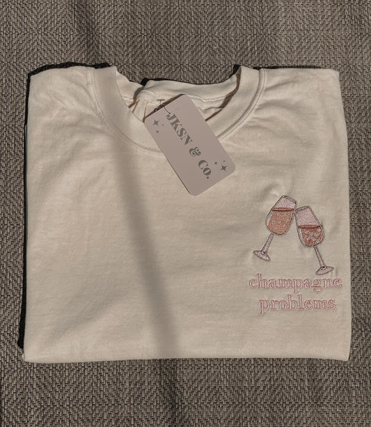 Champagne Problems Embroidered Tee -- Comfort Colors Tee, Short Sleeve Tee, Eras Inspired Tee