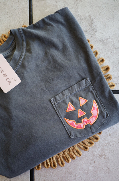 Pink Checkered Jack-O-Lantern Appliqué Comfort Colors Pocket Tee, Halloween Tee