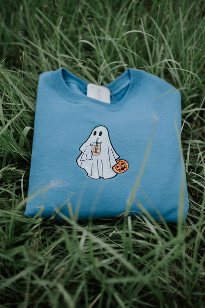 Iced Coffee Ghost Embroidered Crewneck | Ghost Sweatshirt | Spooky Crewneck | Spooky Apparel | Embroidered Crewneck | Embroidered Sweatshirt