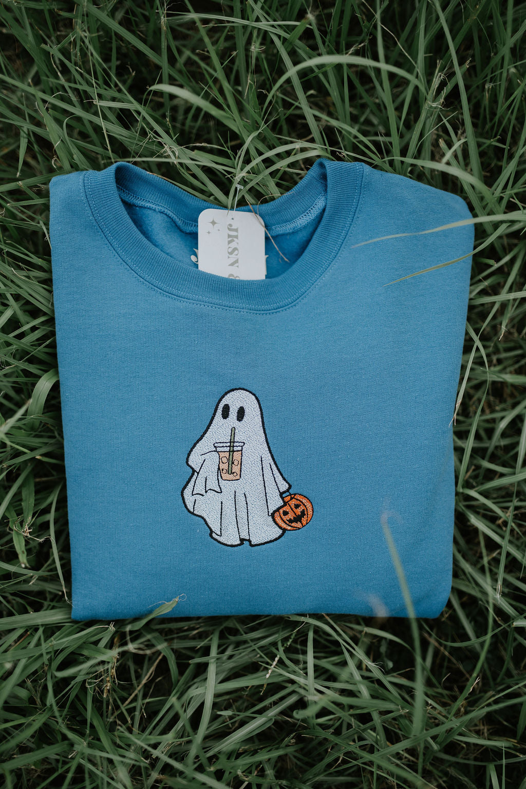Iced Coffee Ghost Embroidered Crewneck | Ghost Sweatshirt | Spooky Crewneck | Spooky Apparel | Embroidered Crewneck | Embroidered Sweatshirt