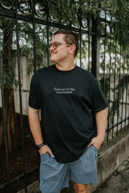 "Find Me in the Scarezones" Embroidered Tee -- COmfort Colors Tee, HHN Inspired Tee, Halloween Shirt